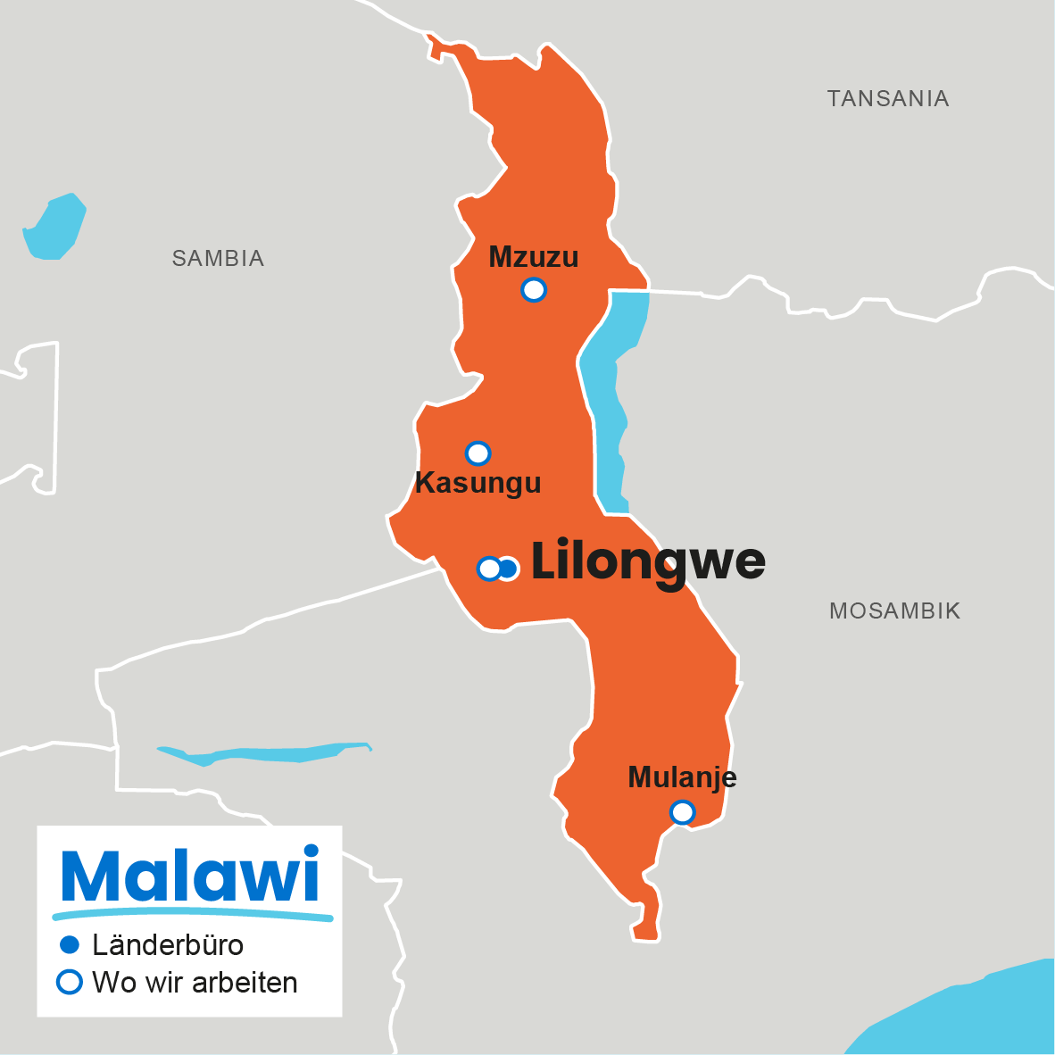 Karte von Malawi mit Projektregionen von Plan International: Lilongwe (Länderbüro), Mzuzu, Kasungu und Mulanje.