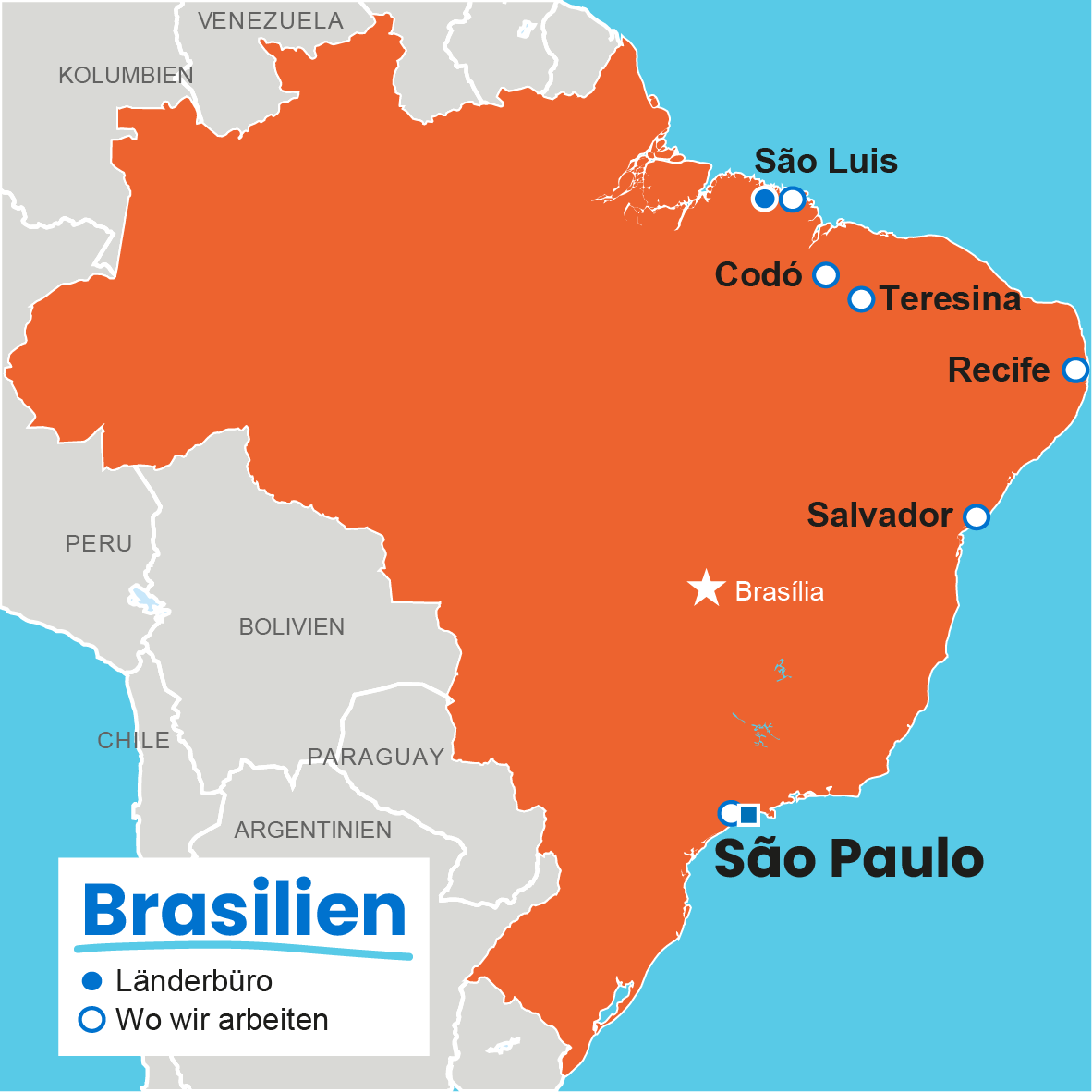 Karte von Brasilien mit Projektregionen von Plan International: São Paulo (Länderbüro), São Luis, Codó, Teresina, Recife und Salvador. Hauptstadt Brasília ist ebenfalls eingezeichnet.