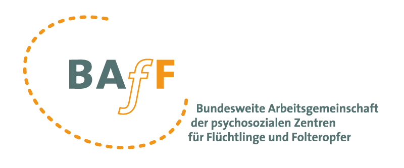 Logo der Bundesweiten Arbeitsgemeinschaft der psychosozialen Zentren für Flüchtlinge und Folteropfer (BAfF) mit orangefarbenem geschwungenem Kreis und Schriftzug.